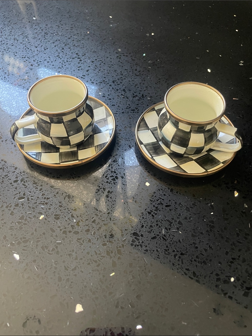 MacKenzie-Childs Black and White Checkerboard Espresso Cups with Gold Trim
